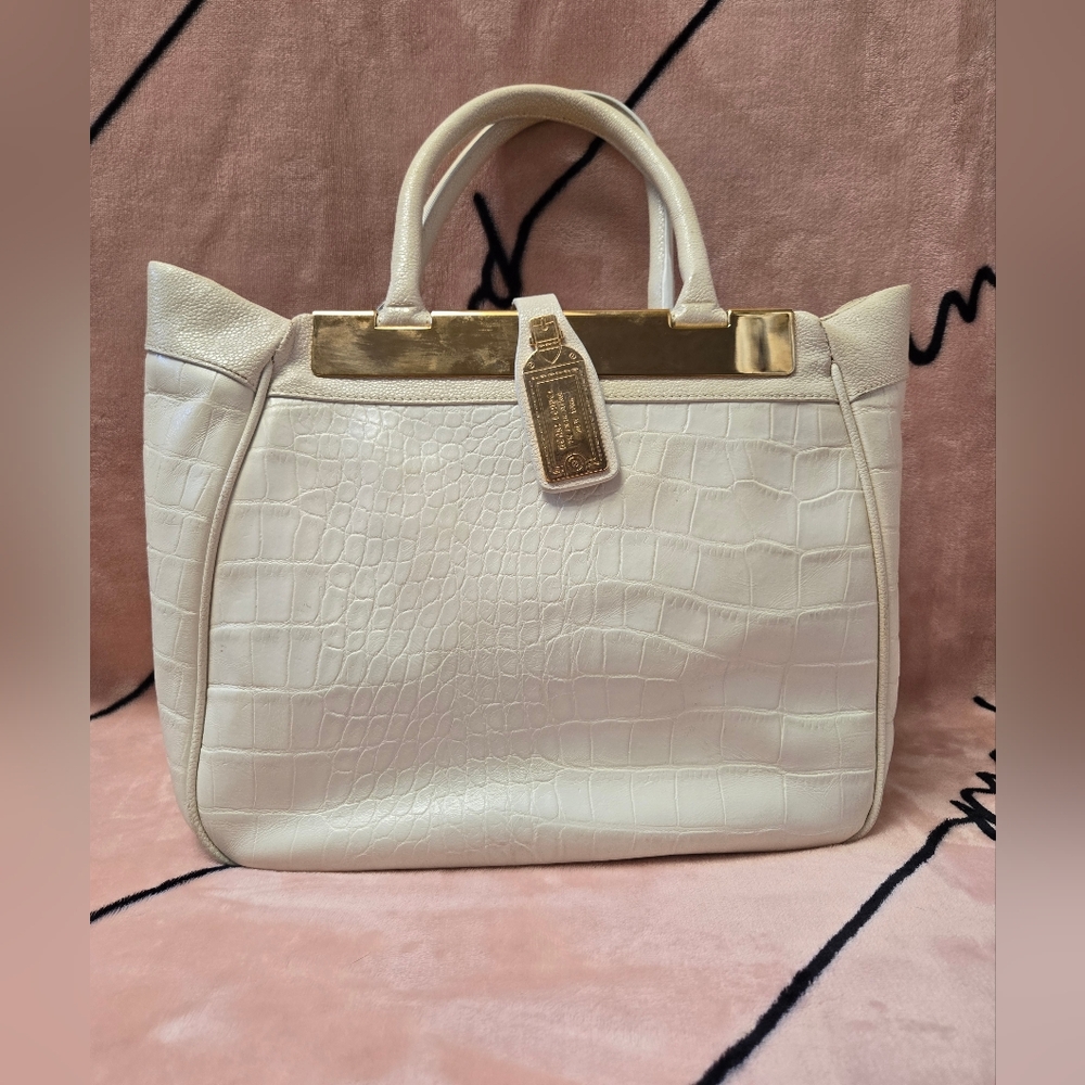 Henri Bendel Vintange White Croc-Embossed Tote with Gold Plate